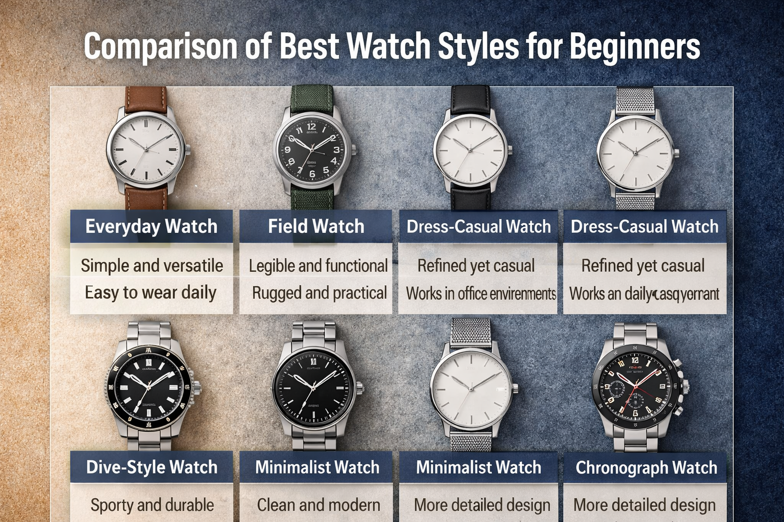Comparison chart of beginner-friendly watch styles including everyday, field, dress-casual, dive-style, minimalist, and chronograph watches