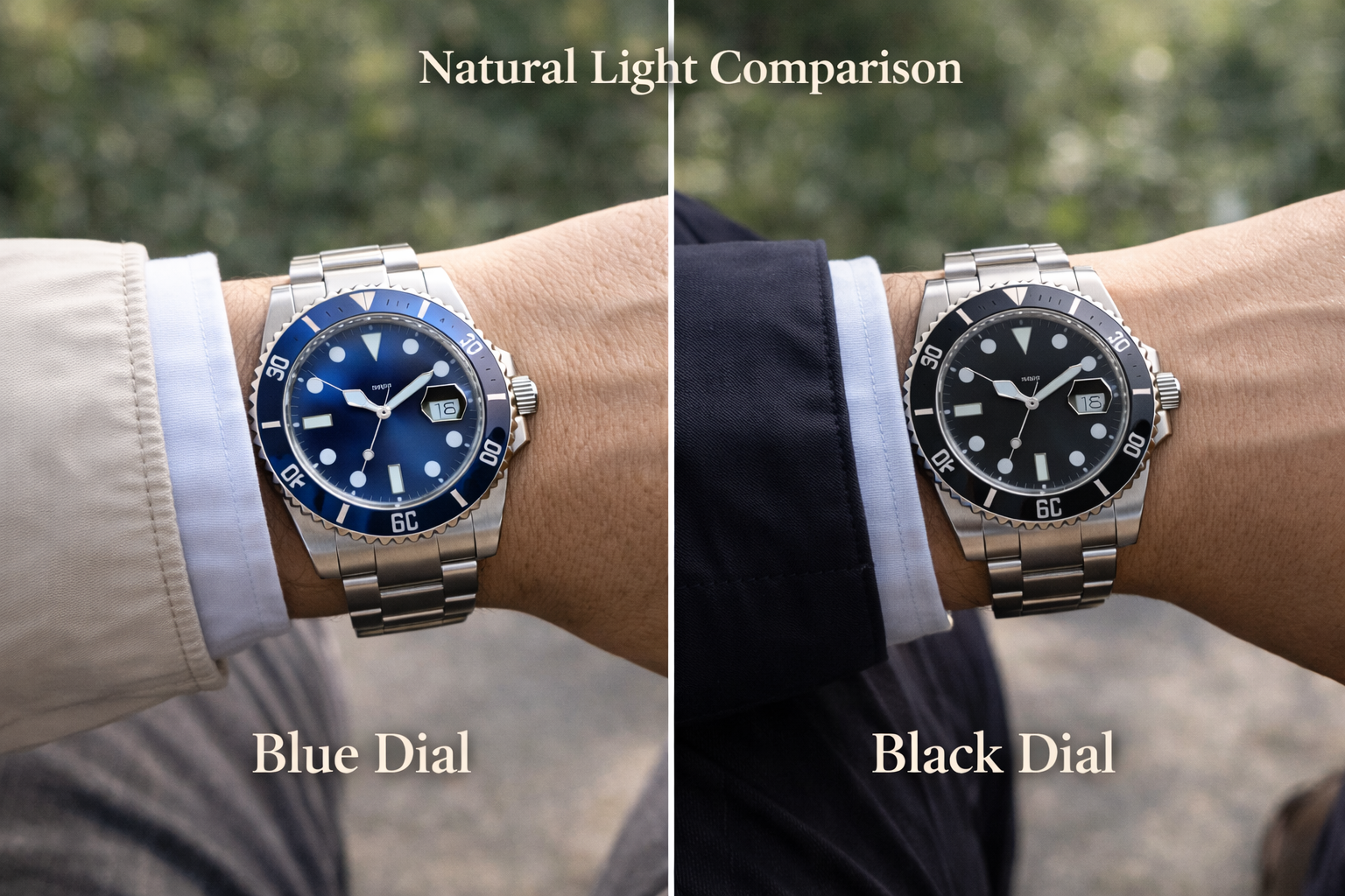 Blue dial watch and black dial watch compared in natural light to show how color changes mood depth and daily wear appeal