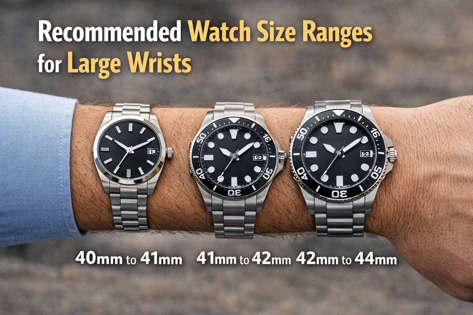 Recommended watch size ranges for large wrists with balanced fit examples