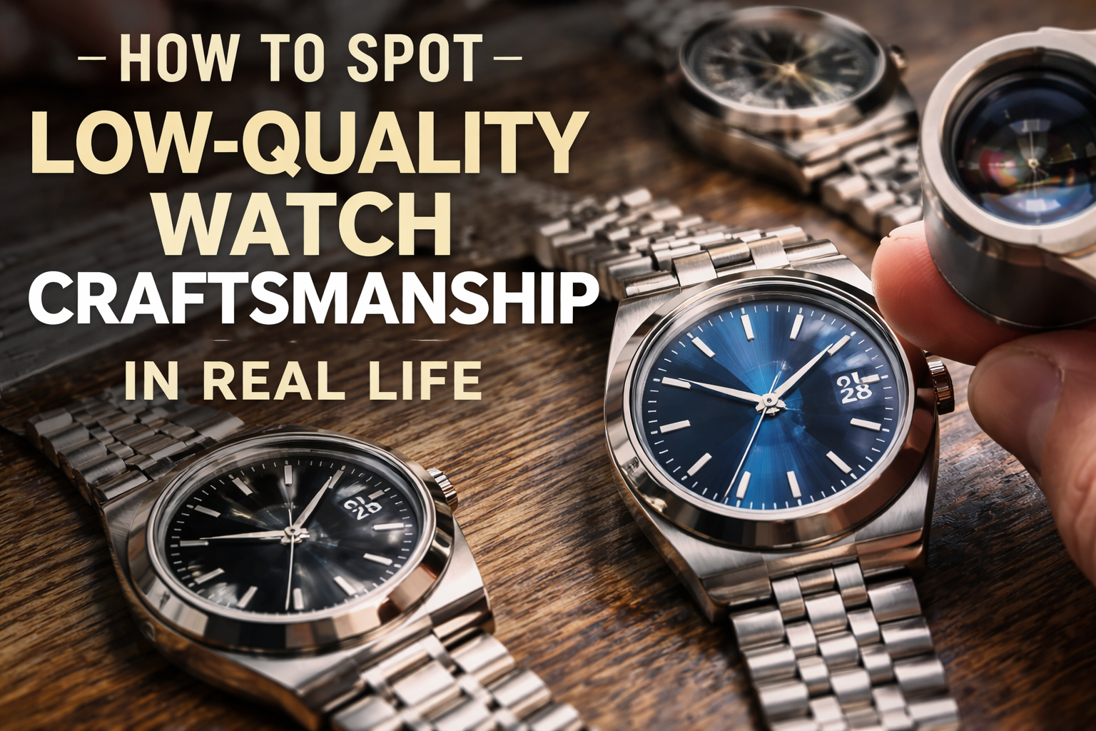 A digital header for the article showing three wristwatches on a wooden surface with a focus on a stainless steel watch and its magnified date display.