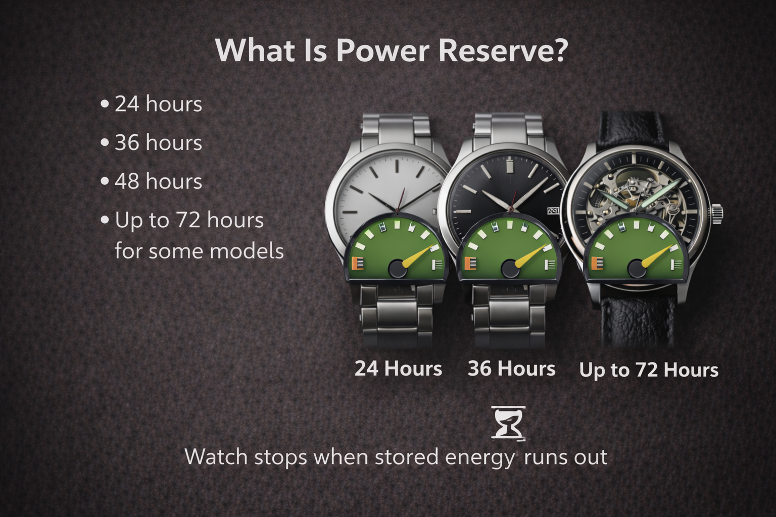 Automatic watch power reserve illustration showing 24 hour, 36 hour, 48 hour and 72 hour running time