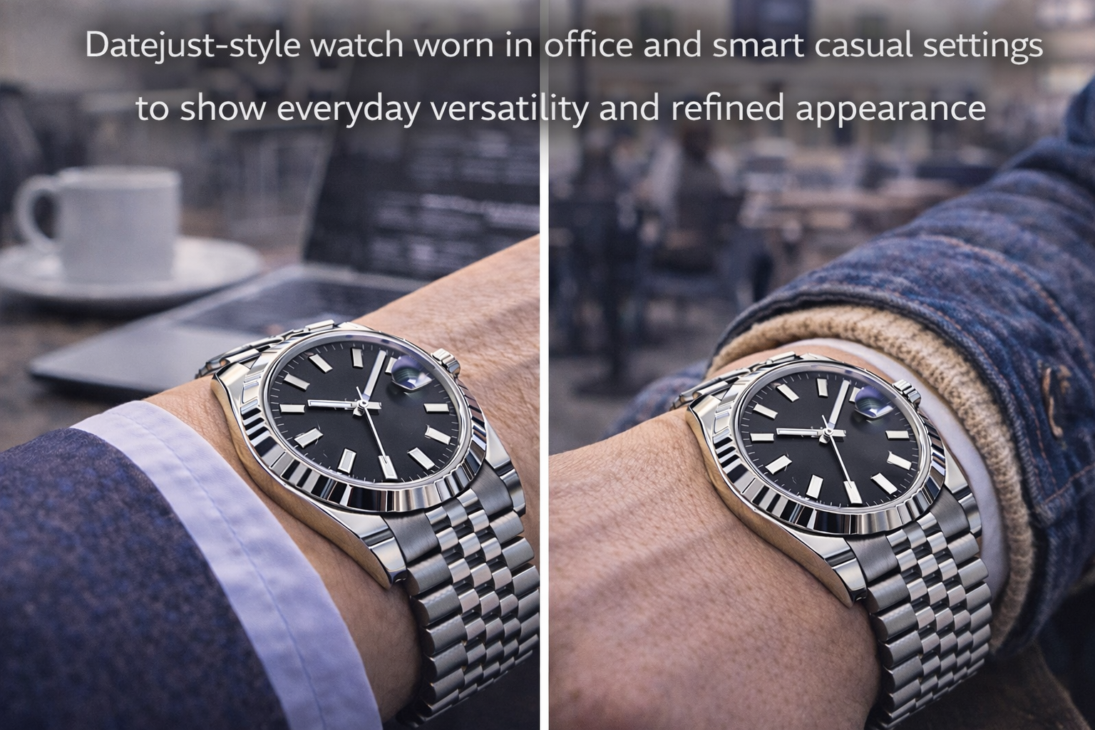 Datejust-style watch worn in office and smart casual settings to show everyday versatility and refined appearance