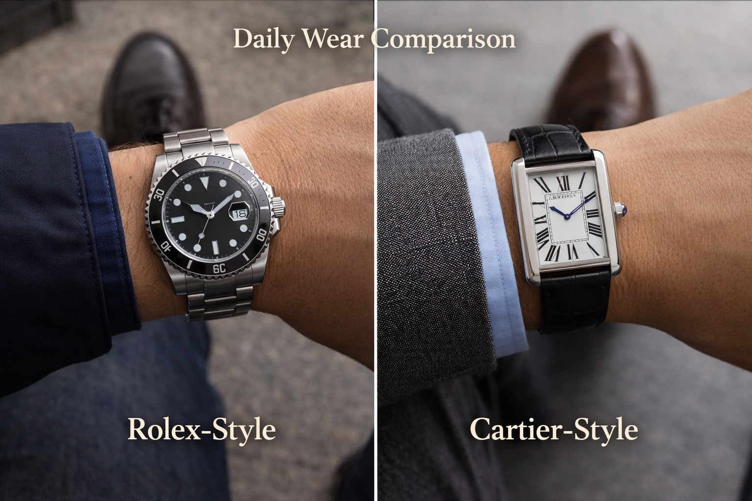 Rolex-style and Cartier-style watches compared in daily wear to show differences in wrist presence versatility and timeless style