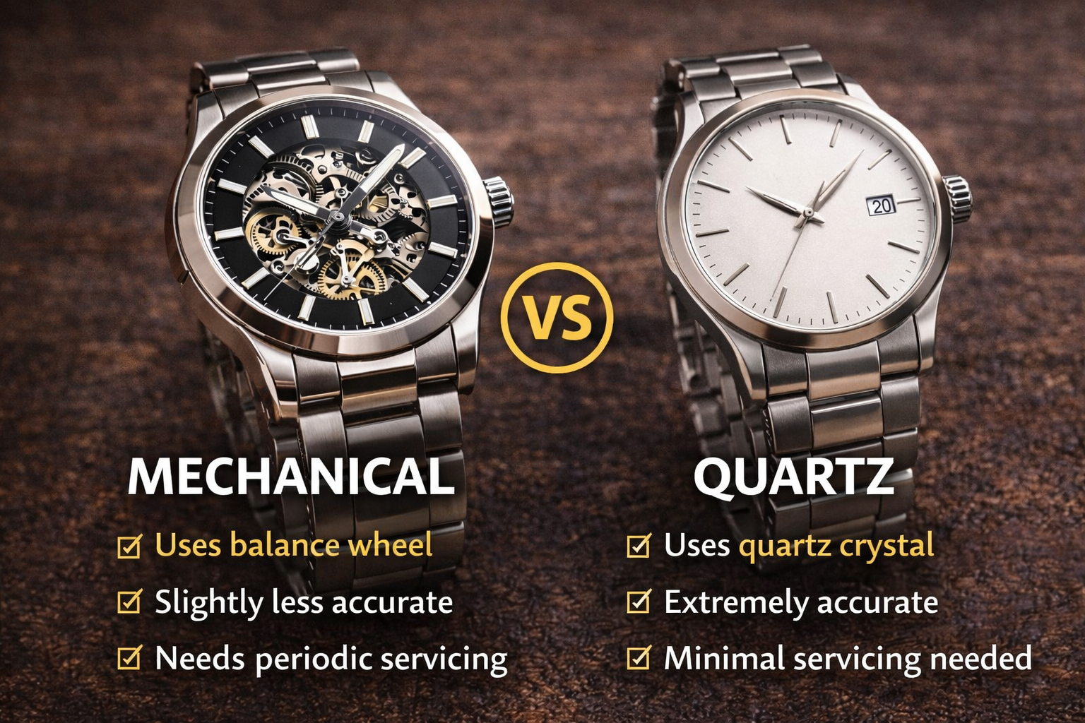 mechanical vs quartz watch accuracy comparison showing different timekeeping systems