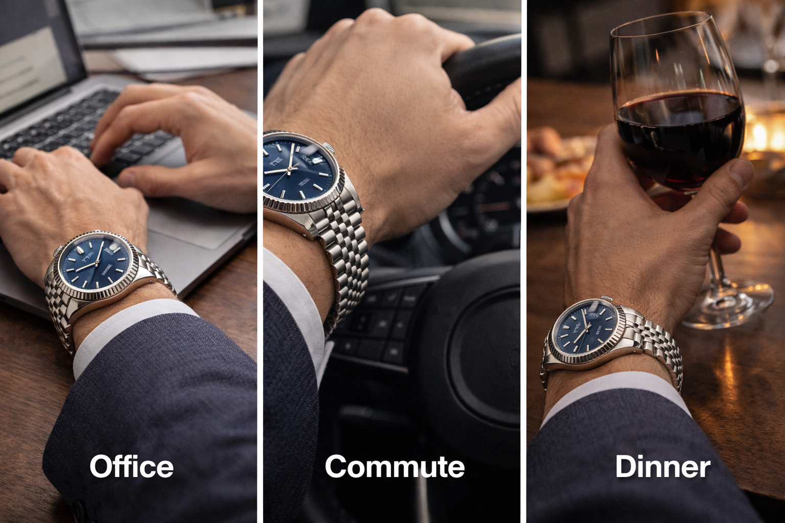 Datejust-style watch in office commute and evening wear scenarios during a full day of use