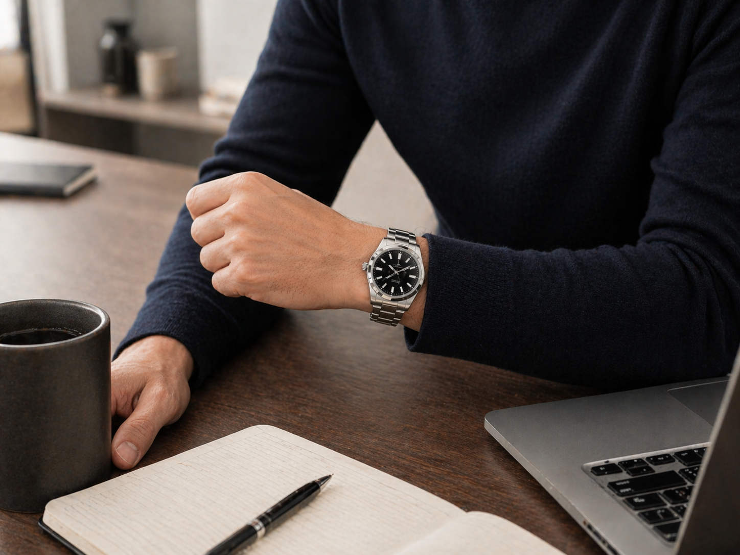 Luxury-style replica watch viewed during normal daily desk use and repeated wrist checks