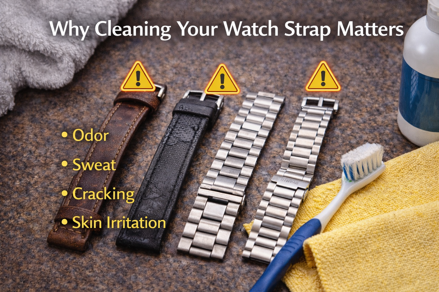 Different watch straps showing signs of odor, sweat damage, cracking and skin irritation to explain why regular cleaning matters