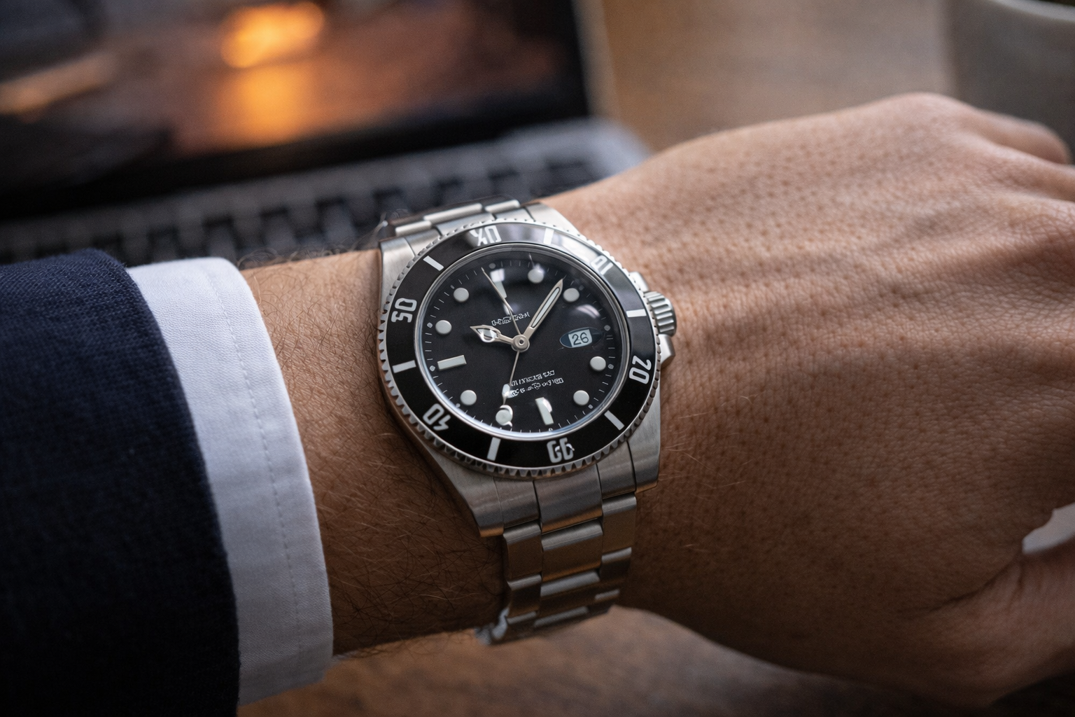 Replica watch dial calmness and crystal reflections under indoor lighting