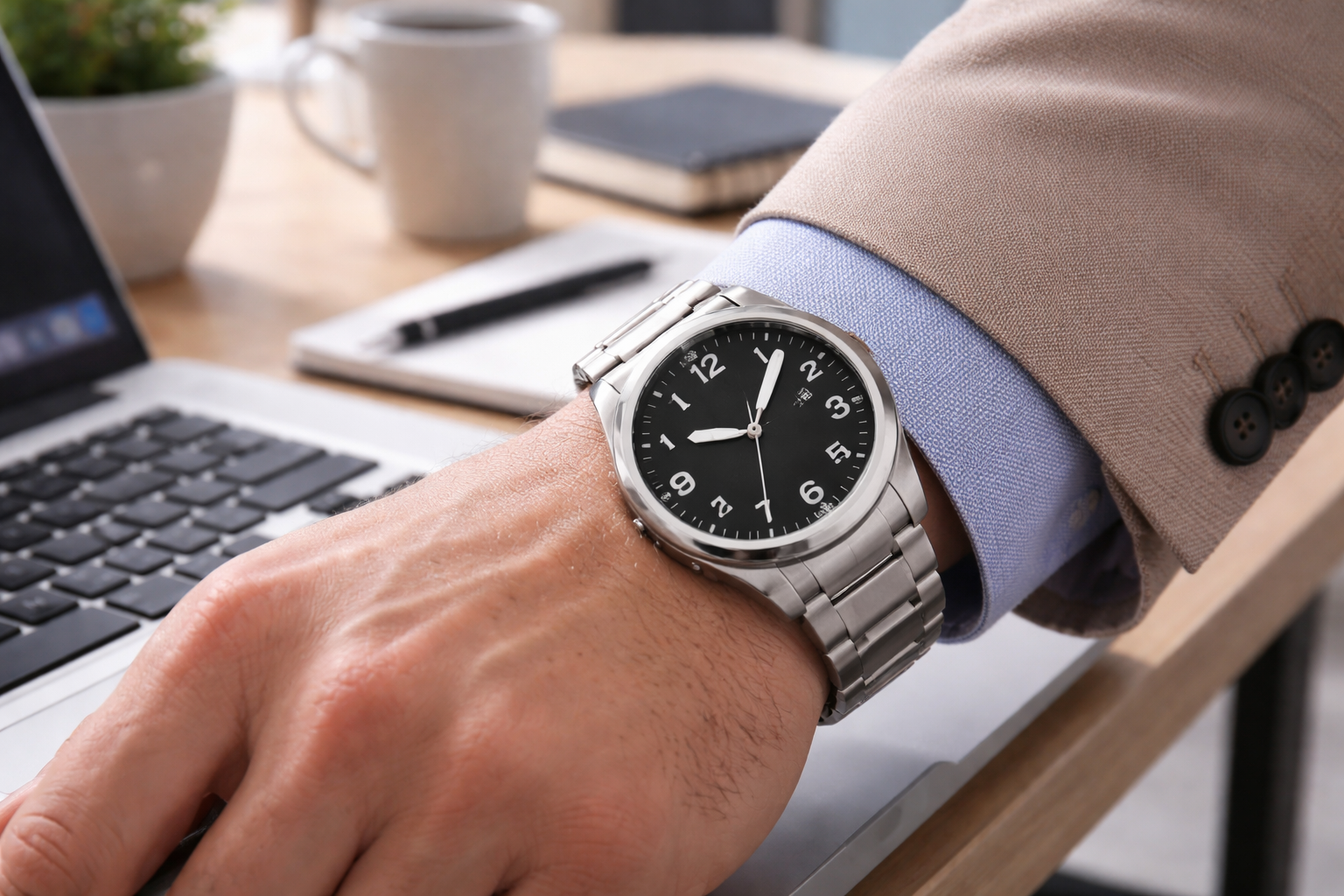 Black dial everyday watch worn in a smart casual office setting to show how an easy-to-style black dial can work in real daily life