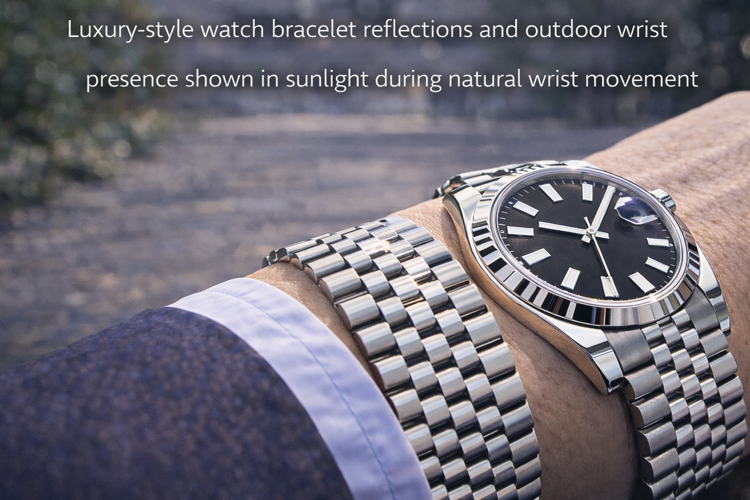 Luxury-style watch bracelet reflections and outdoor wrist presence shown in sunlight during natural wrist movement