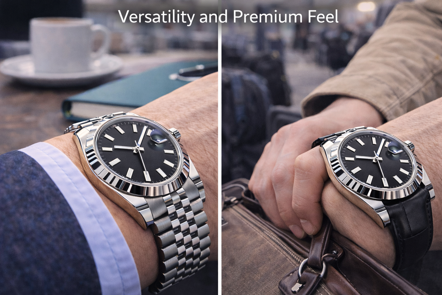 Bracelet and strap watches compared in office and travel settings to show differences in daily wear versatility and premium feel