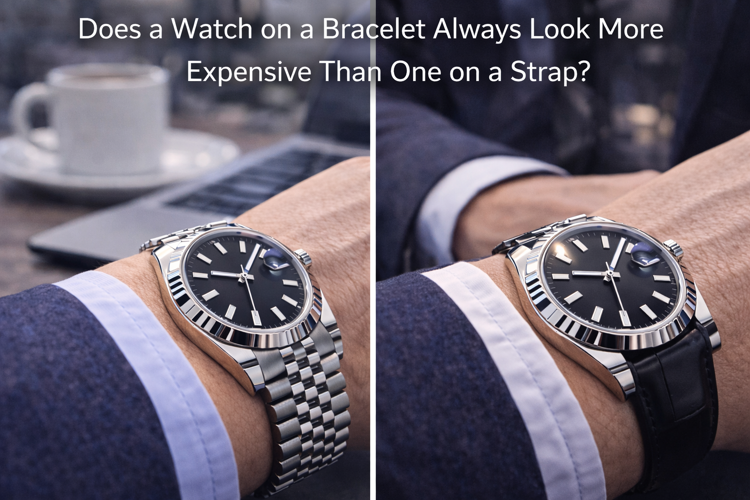 Luxury-style watch shown on bracelet and strap in a real-life setting to compare which looks more expensive