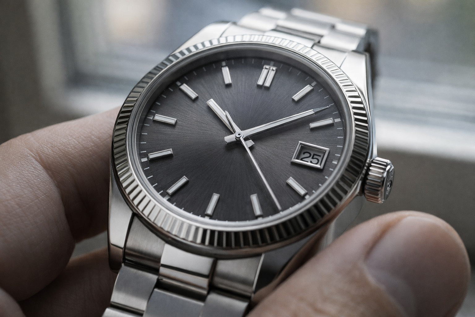 Close-up dial detail of a watch showing printing, markers, and date window for authenticity inspection
