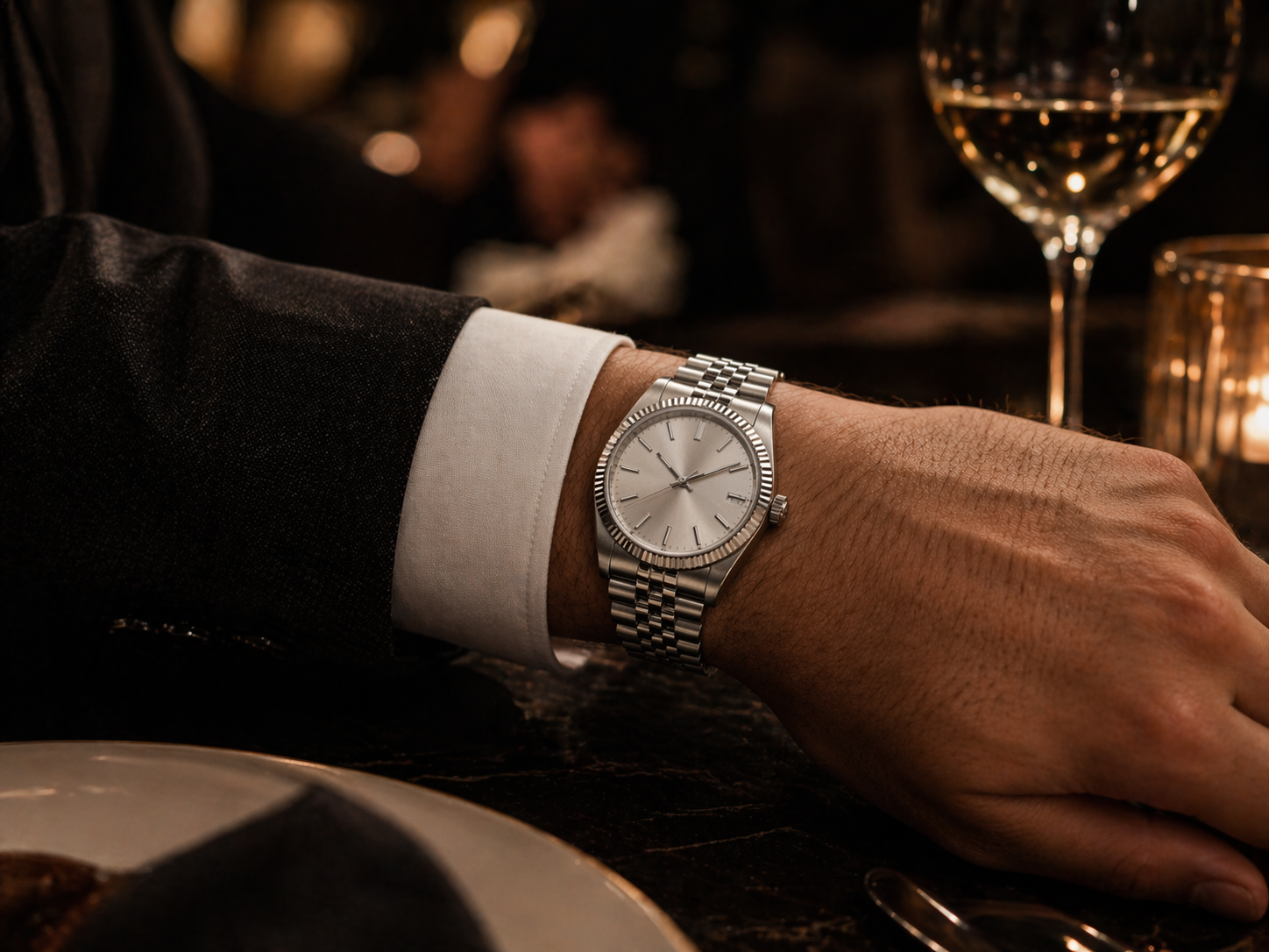 Rolex-style replica watch with formal evening wear showing a refined or slightly sharp visual presence