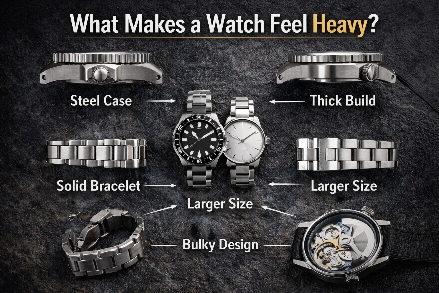 Factors that make a watch feel heavy including steel case, thick build, and solid bracelet