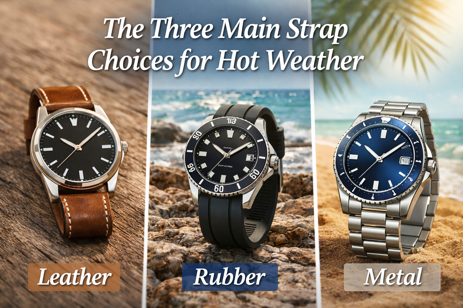 Comparison of leather, rubber, and metal watch straps for hot weather