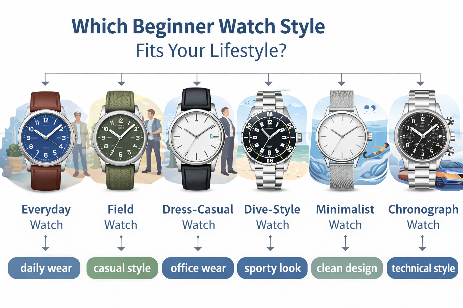 Guide to choosing the right beginner watch style based on daily wear, casual style, office wear, sporty look, clean design, and technical style