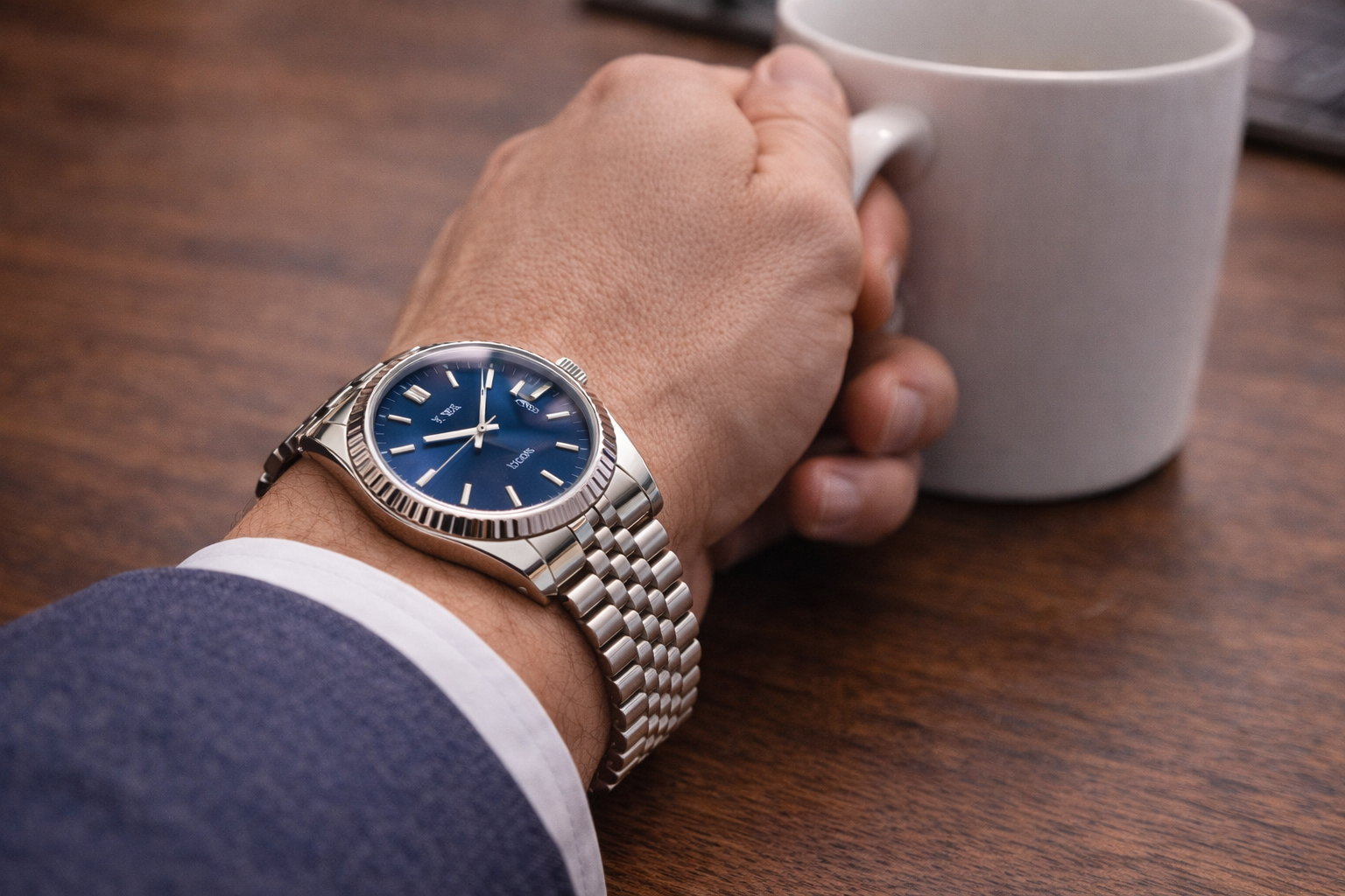 Replica watch case proportions and wrist presence from a side angle