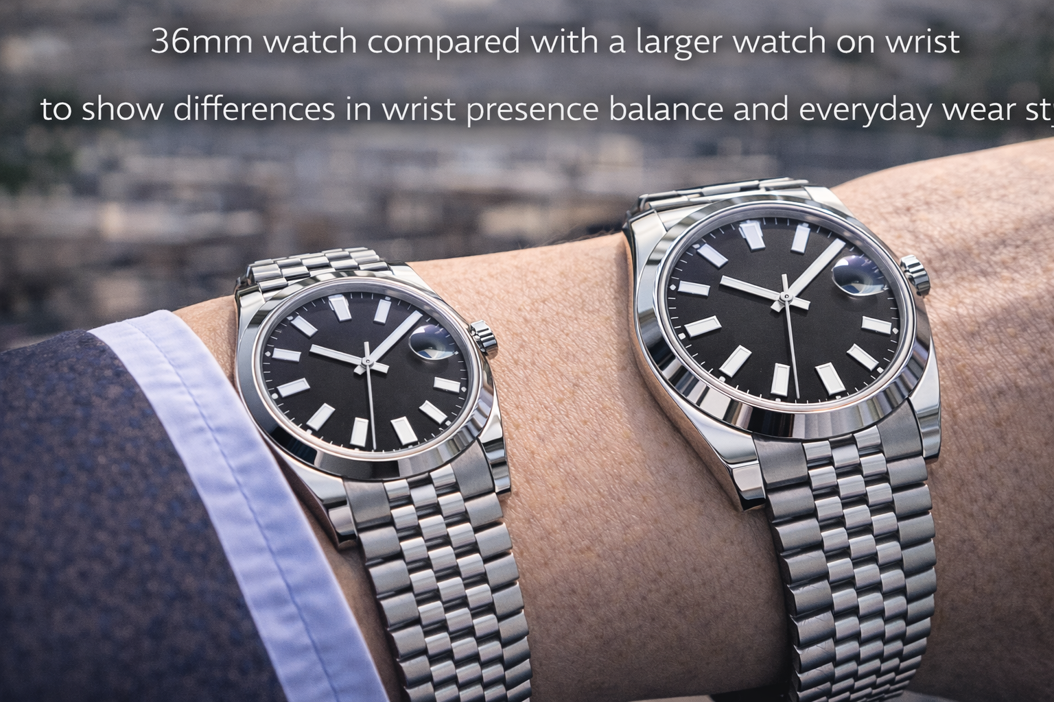 36mm watch compared with a larger watch on wrist to show differences in wrist presence balance and everyday wear style