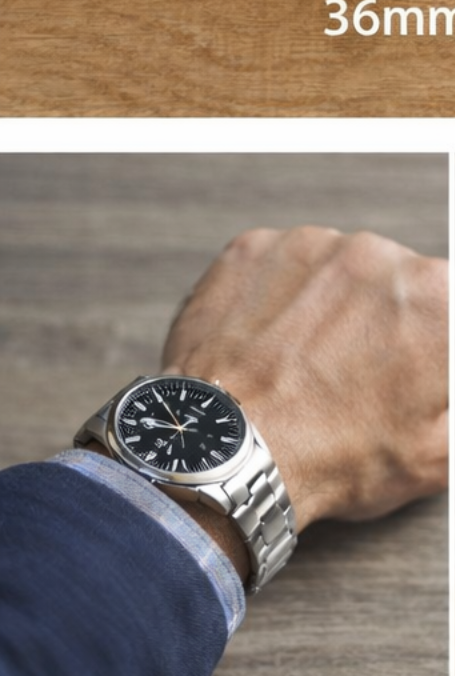 A wristwatch worn on the wrist to demonstrate how case size affects fit, comfort, and visual balance.