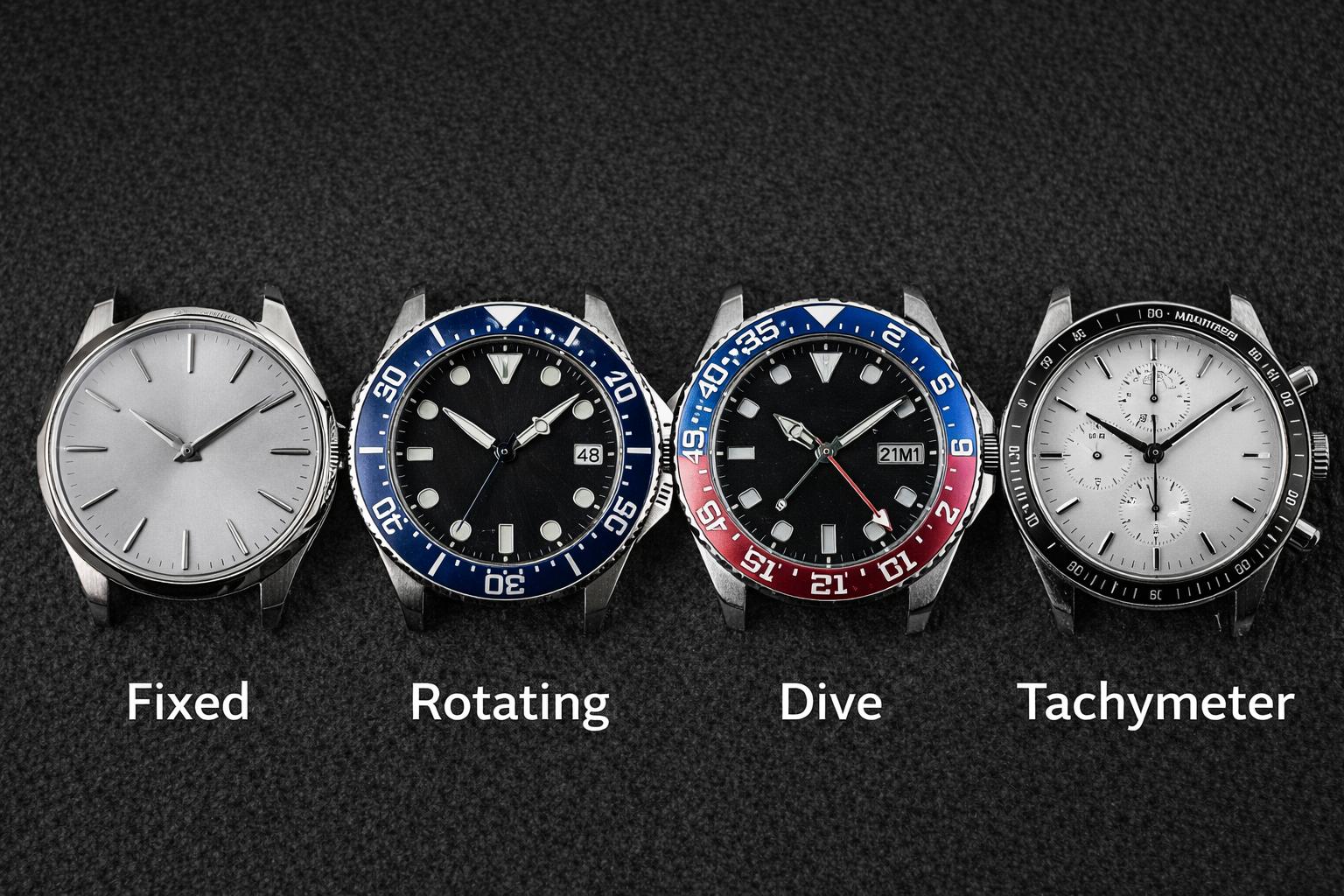 Comparison of fixed, rotating, dive, GMT, and tachymeter watch bezel types