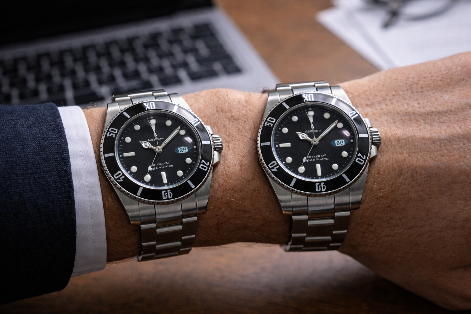 Watch viewed from desk distance in an office setting during normal daily wear