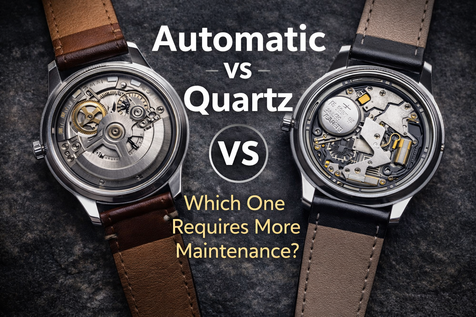 Comparison between automatic and quartz watches showing movement difference and gears.