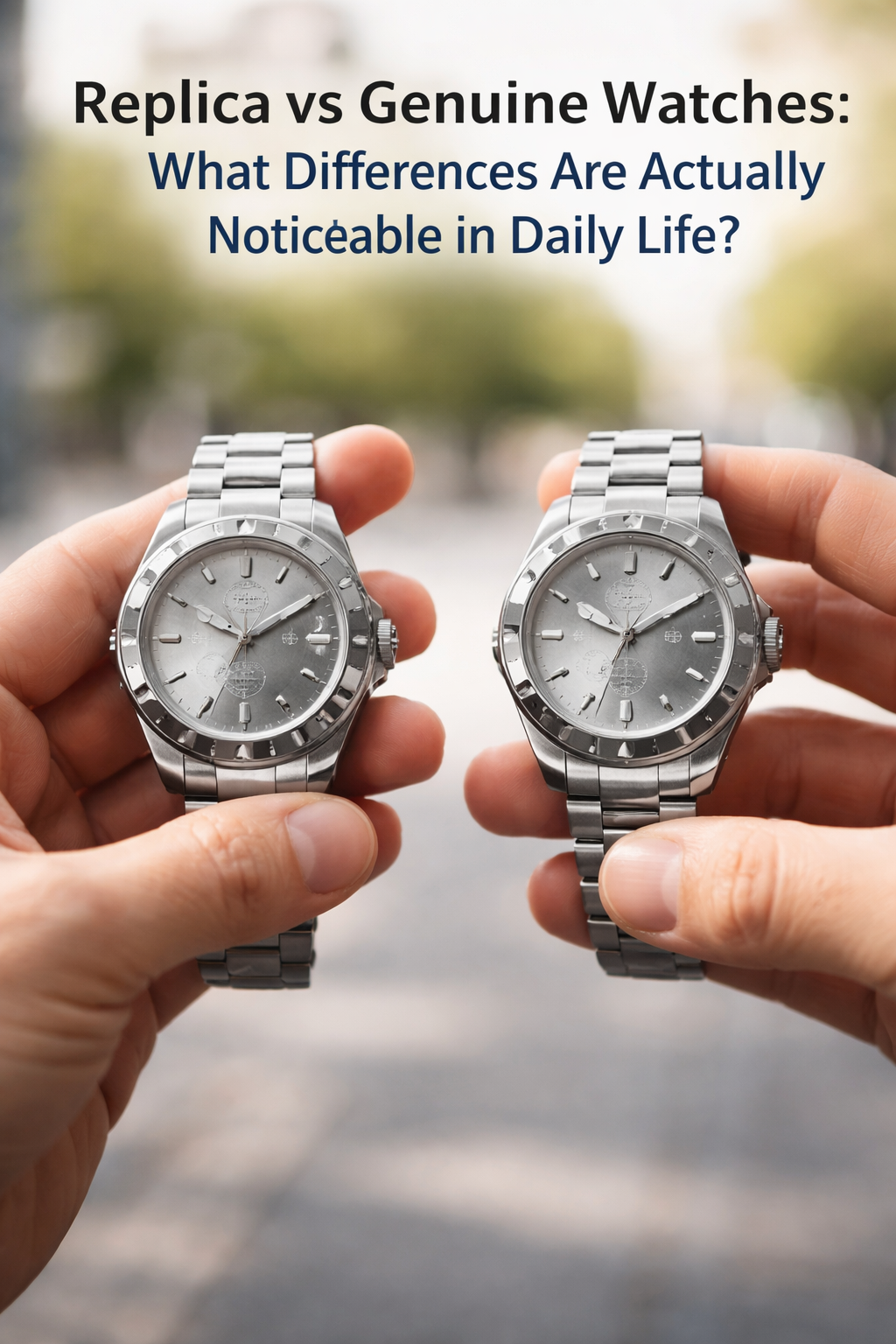 Replica vs genuine watches comparison in daily life with two similar luxury-style watches shown in natural light