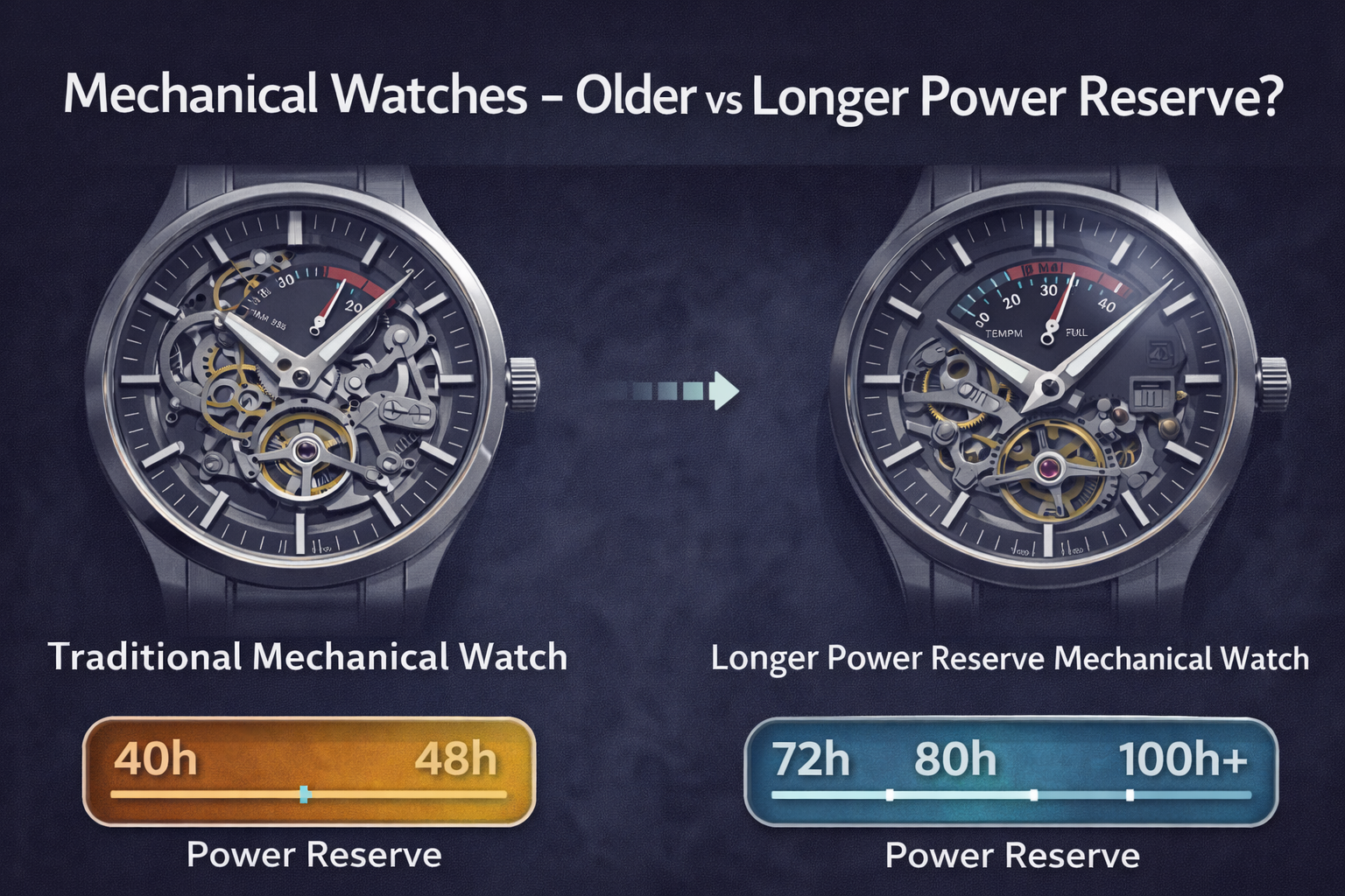 Mechanical watch power reserve comparison showing traditional 40–48 hour reserve versus modern 72–100+ hour movements.