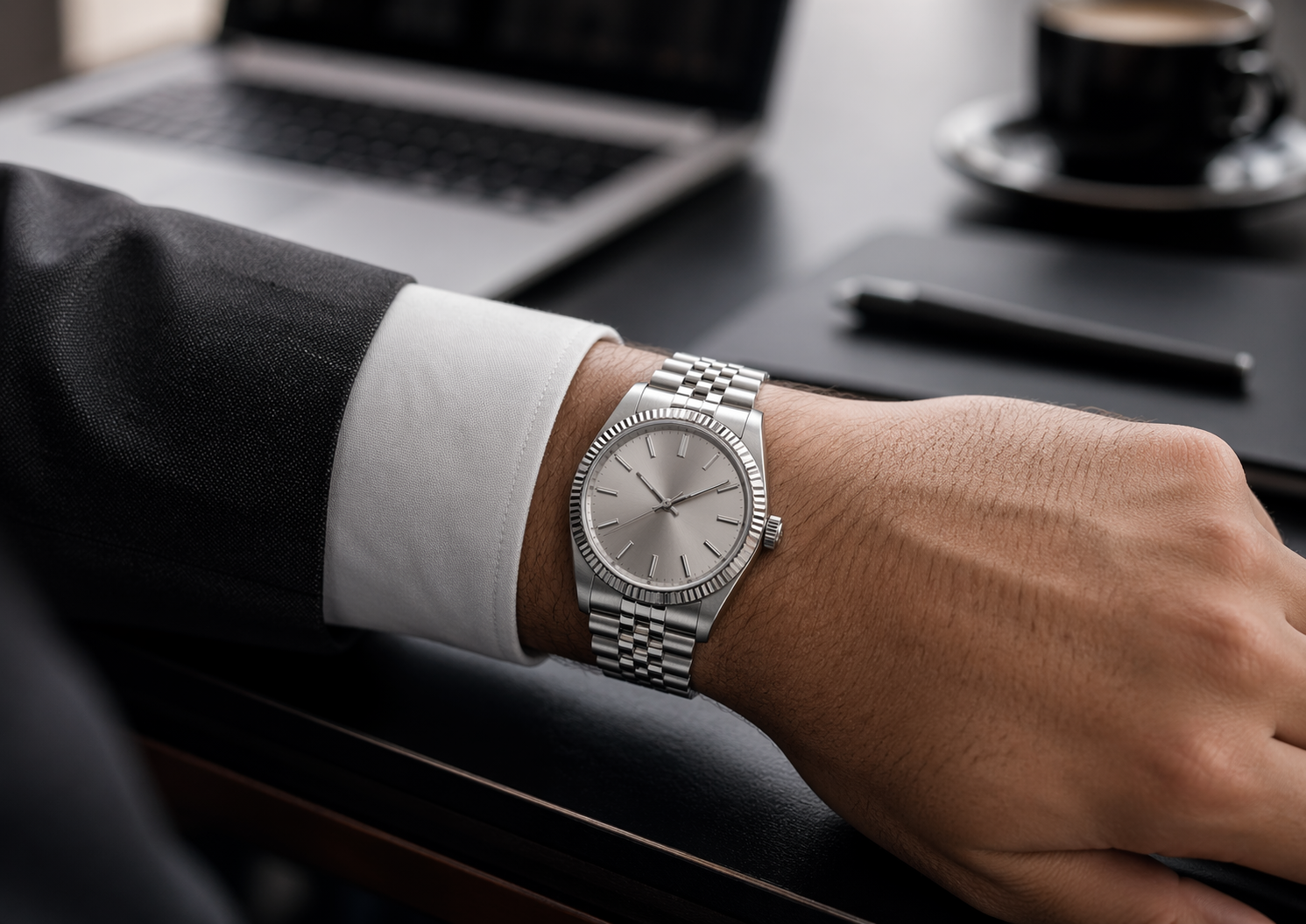 Rolex-style replica watch in an officewear setting showing a refined versus overly sharp visual impression
