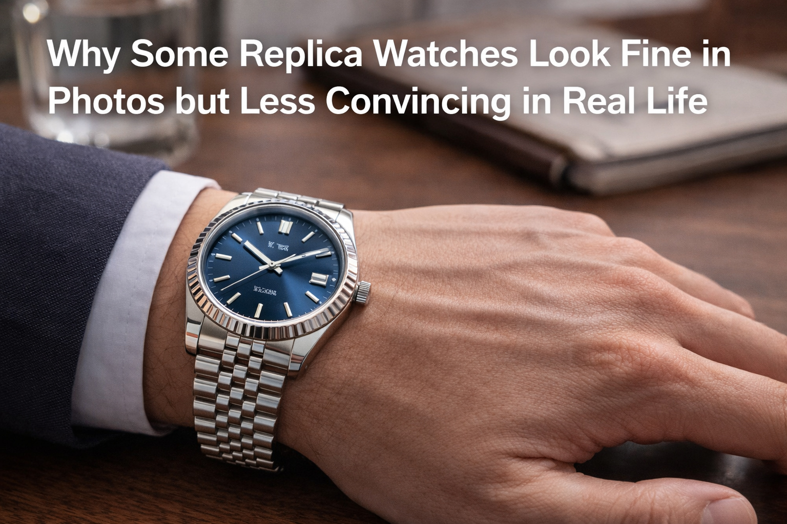 Replica watch in a polished wrist shot showing why some watches look better in photos than in real life