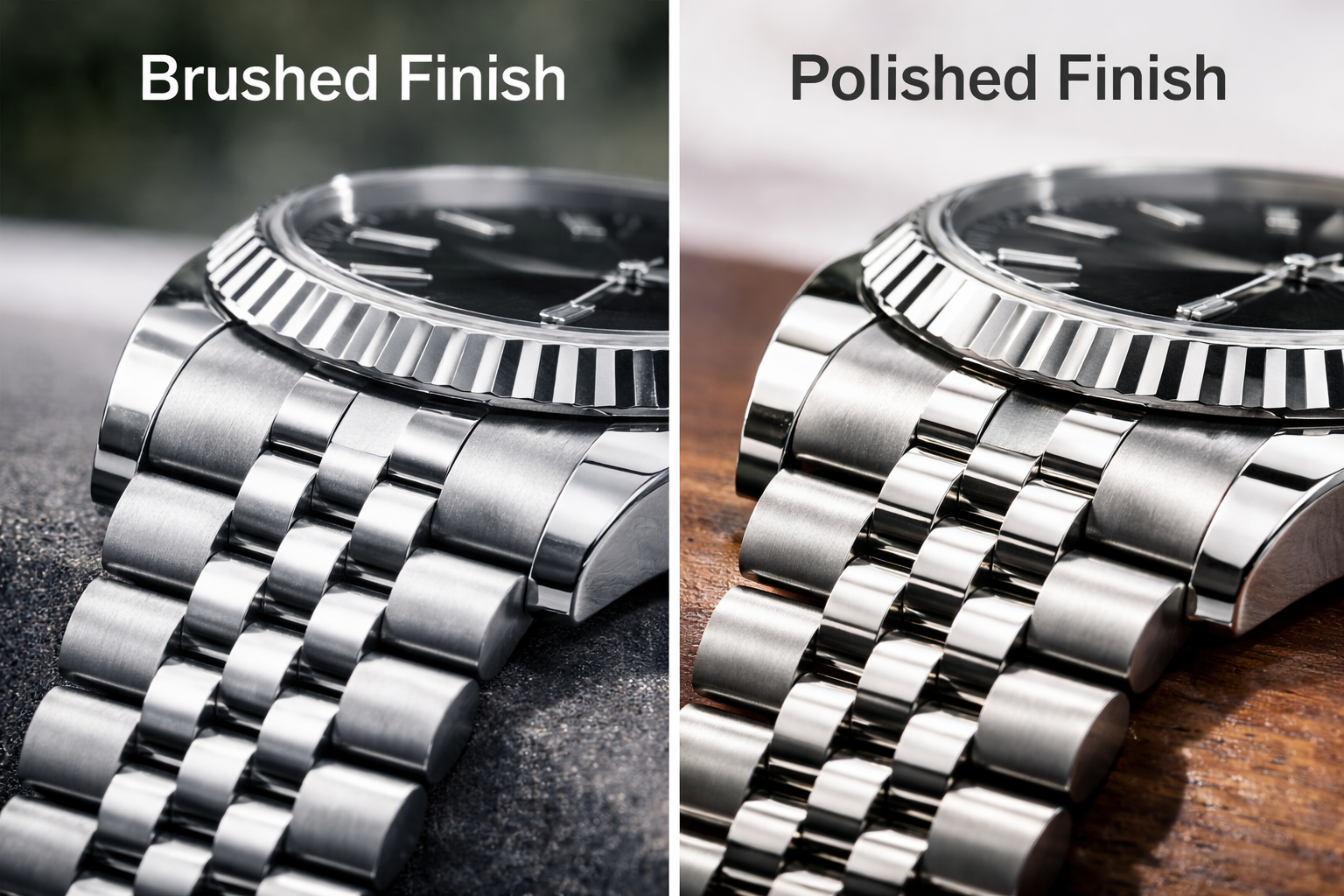 Close-up comparison of brushed and polished watch finishing showing how surface texture changes luxury appearance