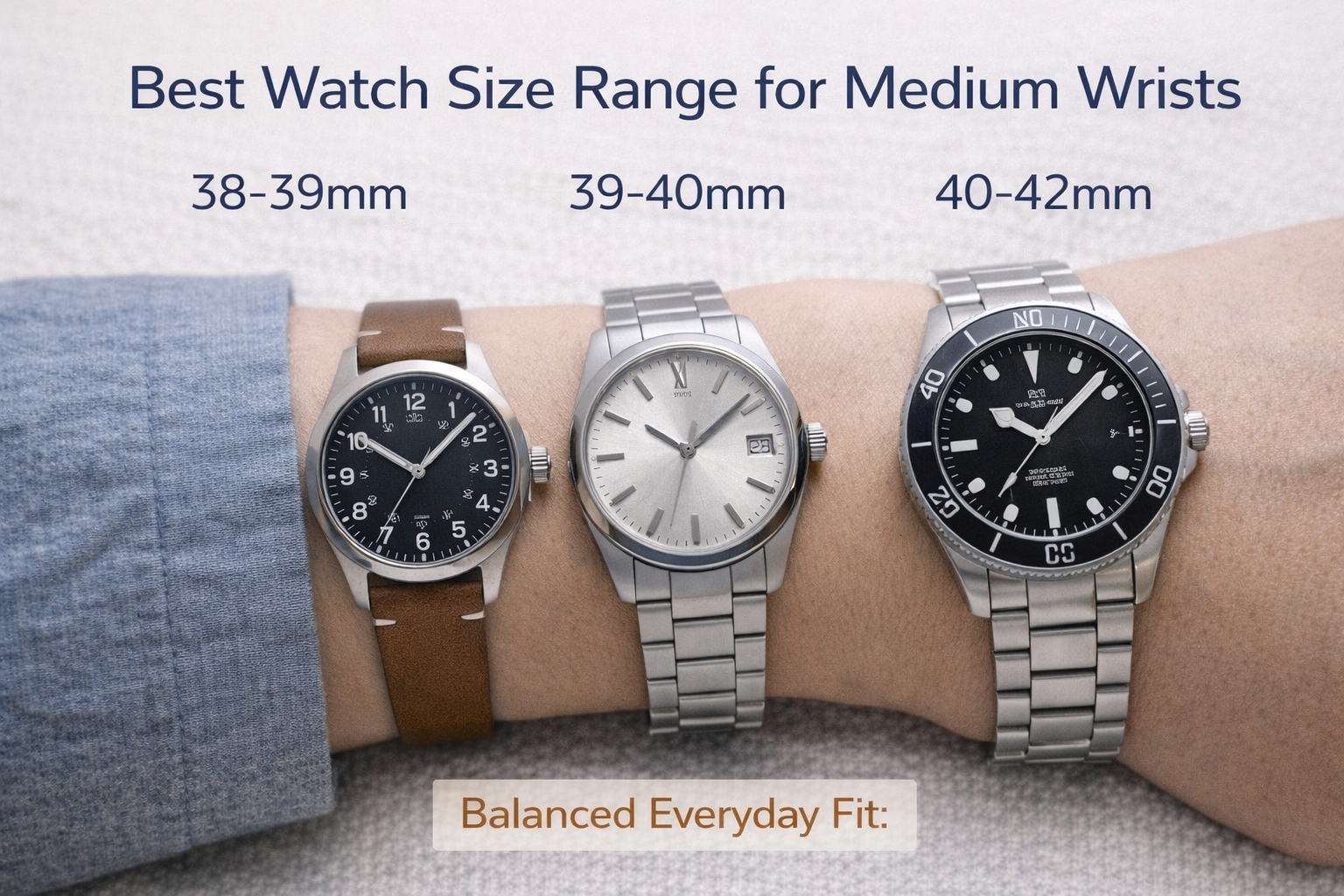 Recommended watch size ranges for medium wrists with balanced everyday fit examples