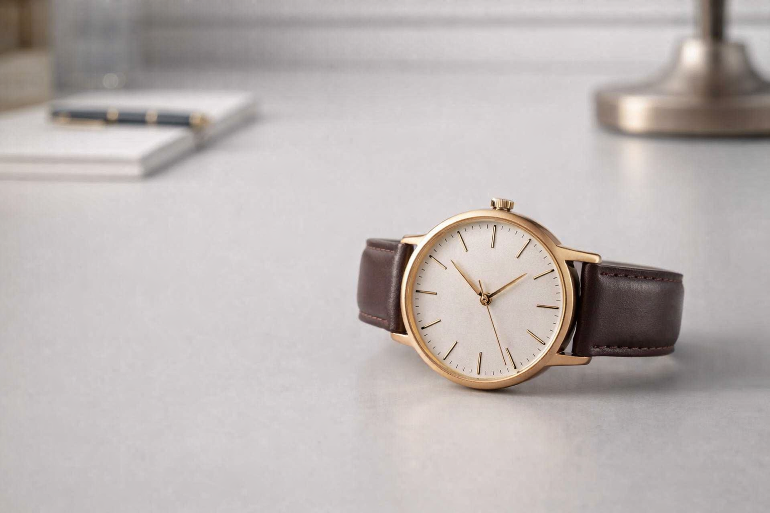 Classic dress watch with a simple dial and leather strap placed on a clean surface to show refined formal watch style