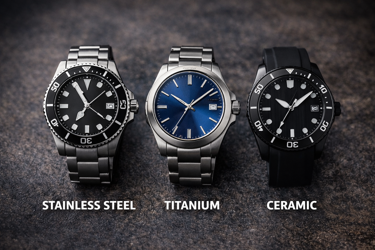 Comparison of stainless steel titanium and ceramic watch cases showing differences in watch weight and materials