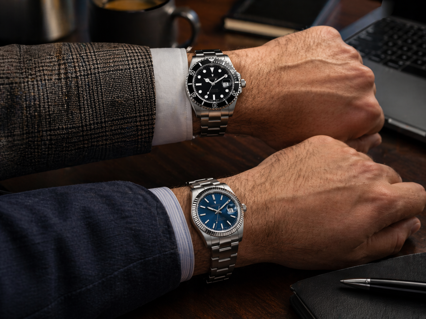 Replica watch comparison on the wrist under office lighting showing differences in calmness and visual balance