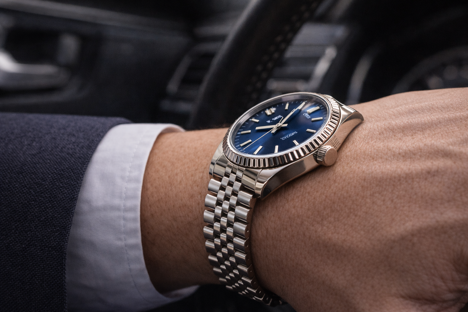 Replica watch shown in office and commute scenarios to compare photo appearance with real-life wear