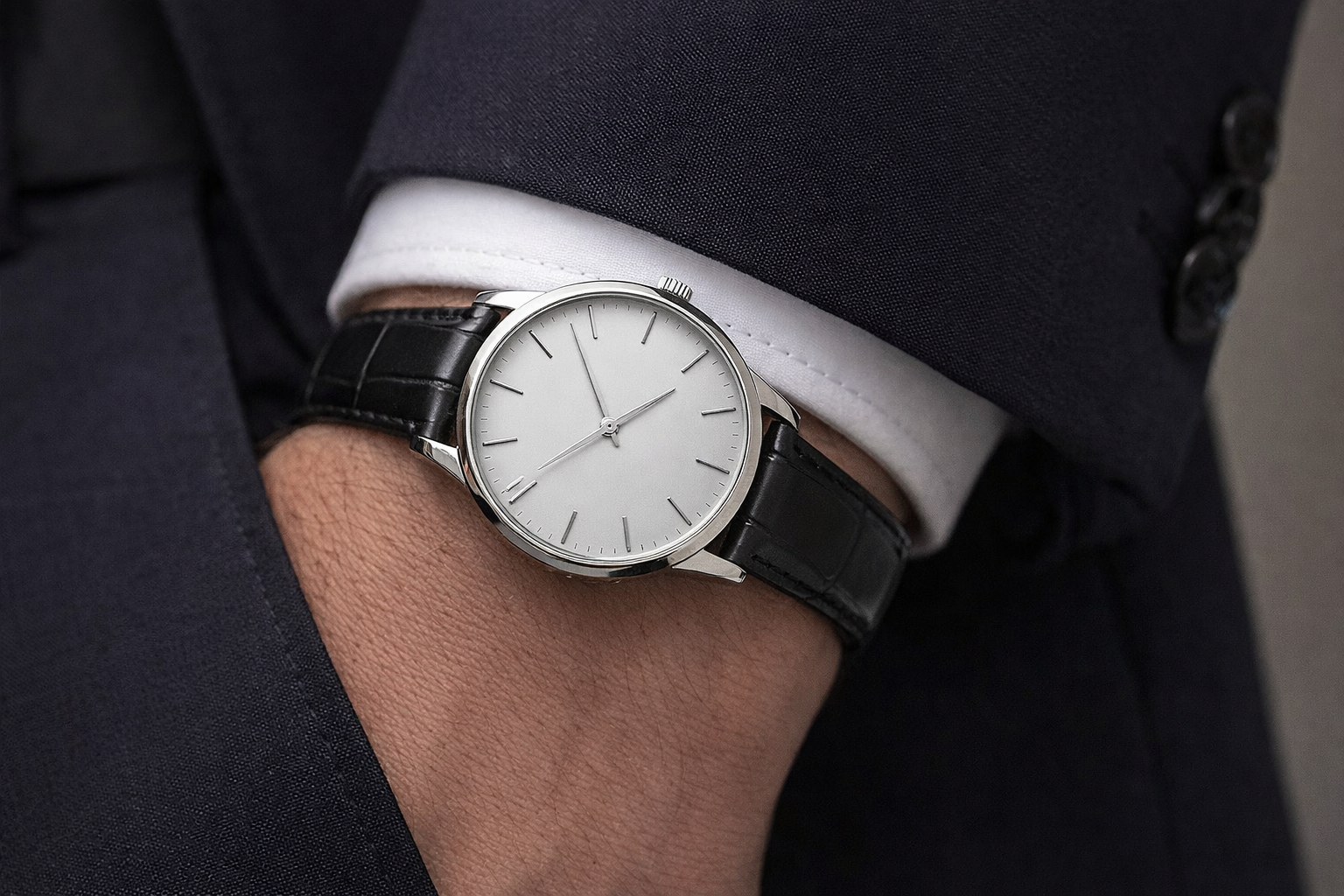 Slim dress watch paired with formal clothing for a refined elegant look