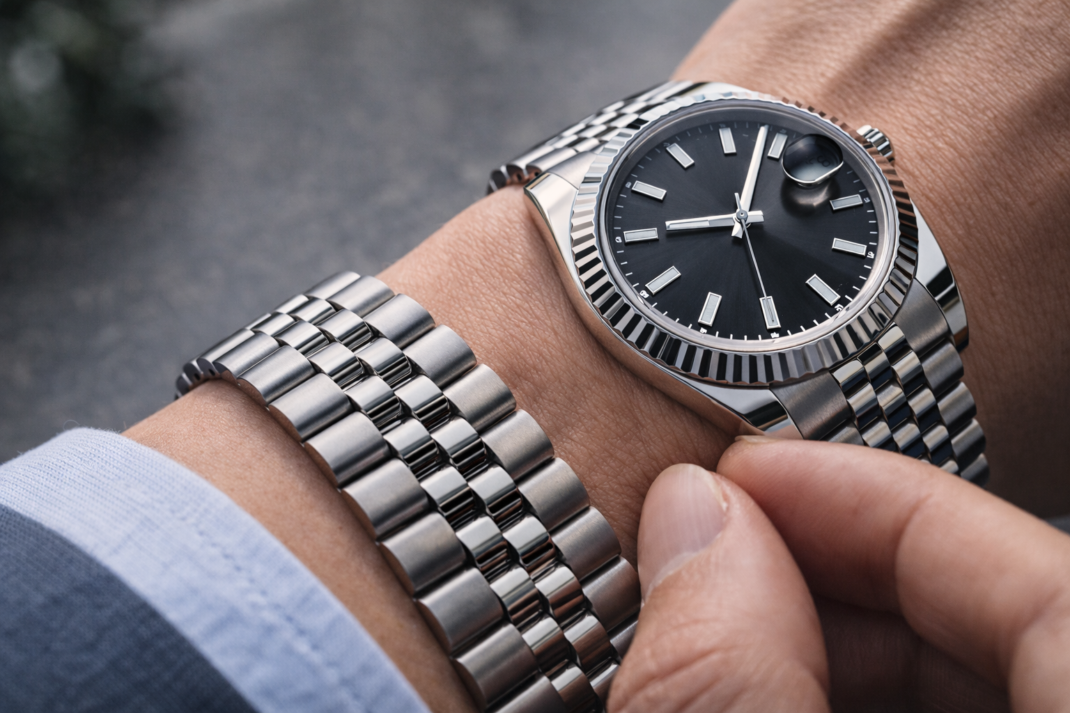 Luxury-style watch bracelet feel and dial execution shown in a close daily wear comparison setting