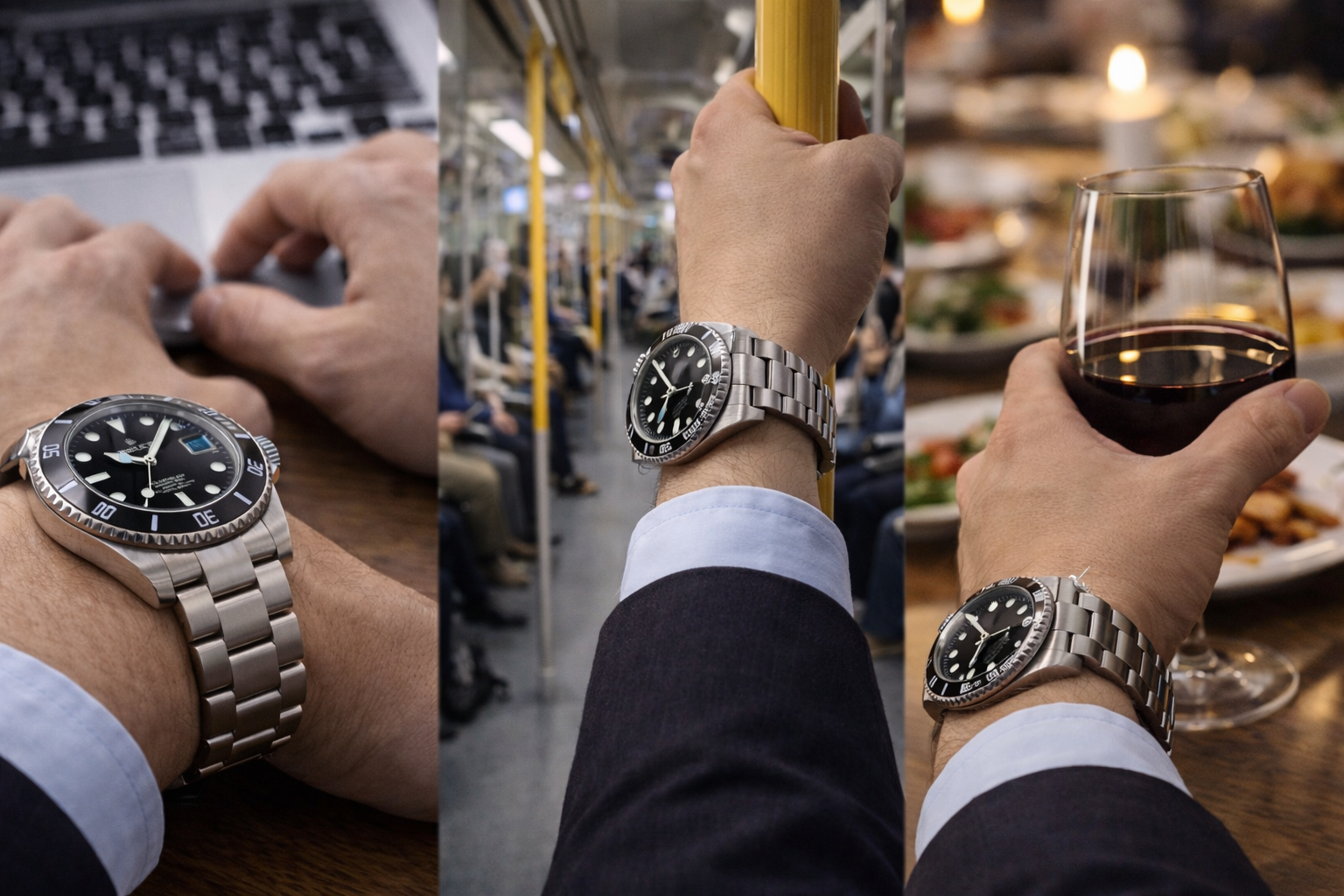 Watch shown in office commute and dinner settings to compare refined real-life wear