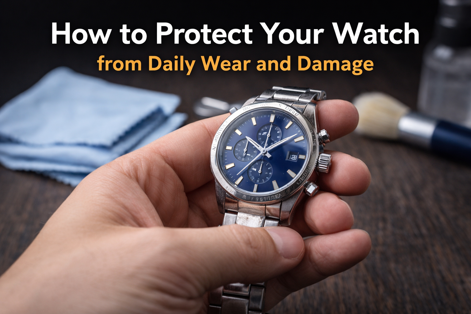 Close-up of a stainless steel wristwatch being cleaned and protected, illustrating how to protect your watch from daily wear and damage.