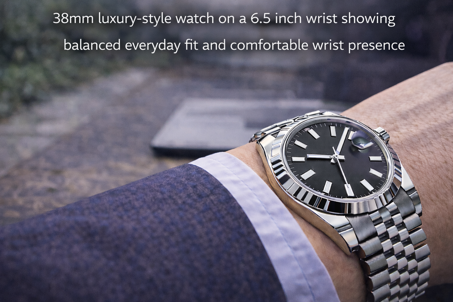 38mm luxury-style watch on a 6.5 inch wrist showing balanced everyday fit and comfortable wrist presence