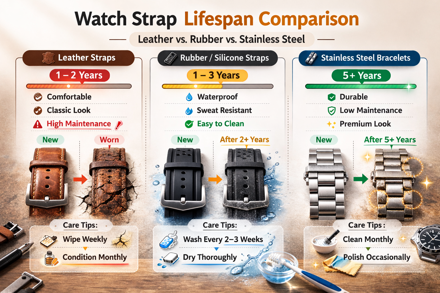 Watch strap lifespan comparison chart showing leather 1-2 years, rubber 1-3 years, and stainless steel 5+ years durability