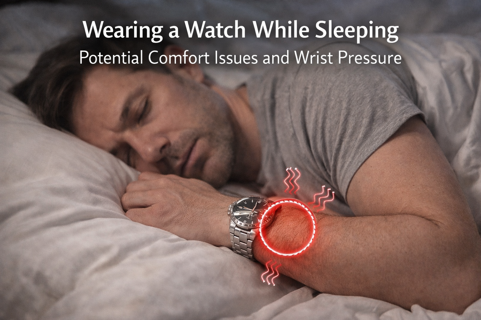 A close-up digital photograph showcasing a wristwatch on the wrist of a person sleeping, emphasizing comfort.