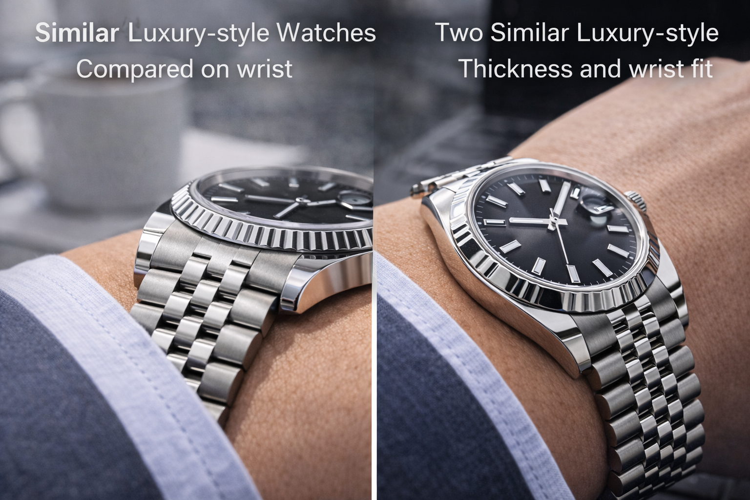 Two similar luxury-style watches compared side by side to show differences in case shape thickness and wrist fit