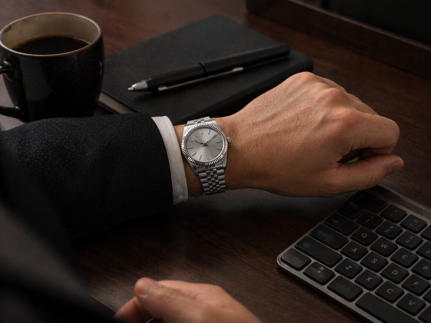 Replica watch viewed from normal desk distance during everyday indoor wear