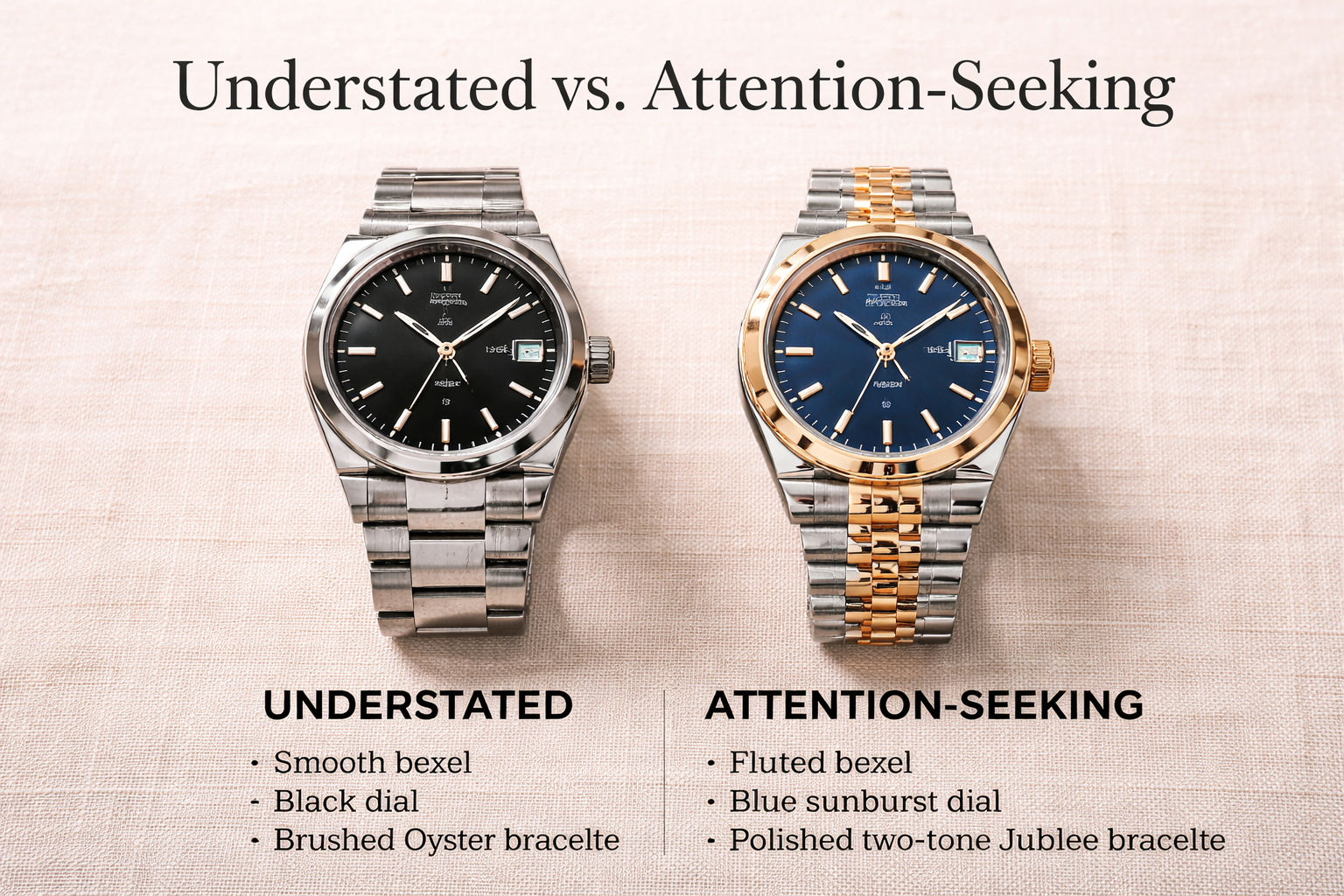 Side-by-side comparison of two Rolex-style watches showing different bezel designs. Which one looks more understated and refined?