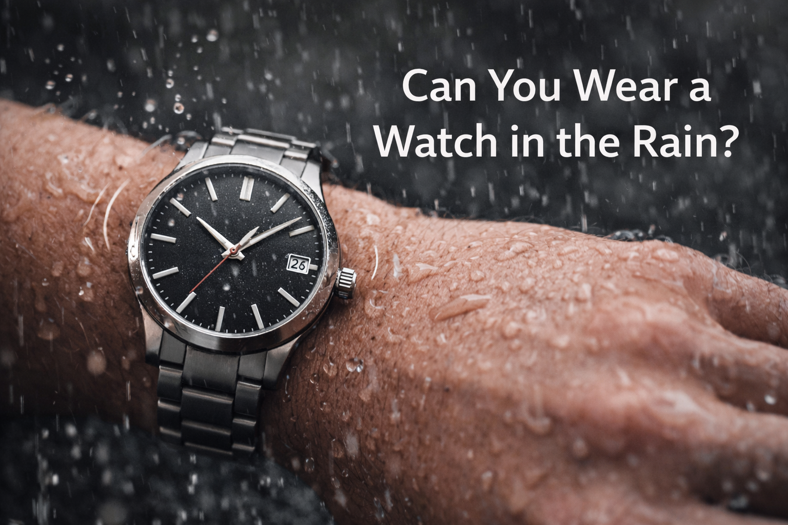 stainless steel watch exposed to rain explaining whether watches are safe in rainy conditions