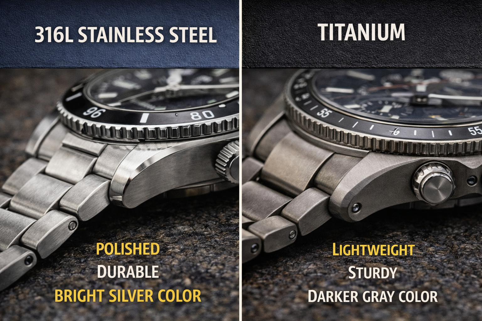 316L stainless steel versus titanium watch case comparison highlighting durability and lightweight properties