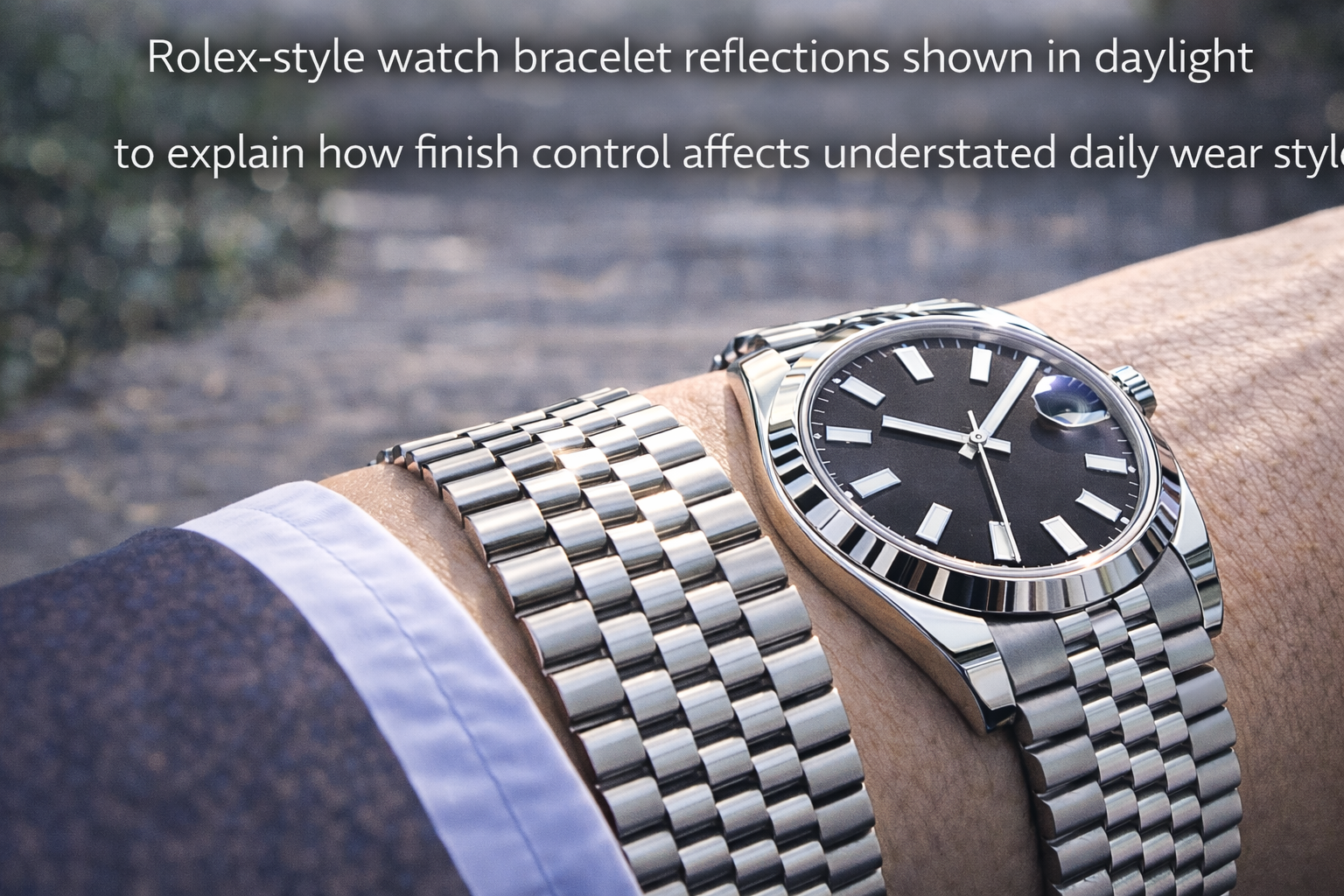 Rolex-style watch bracelet reflections shown in daylight to explain how finish control affects understated daily wear style